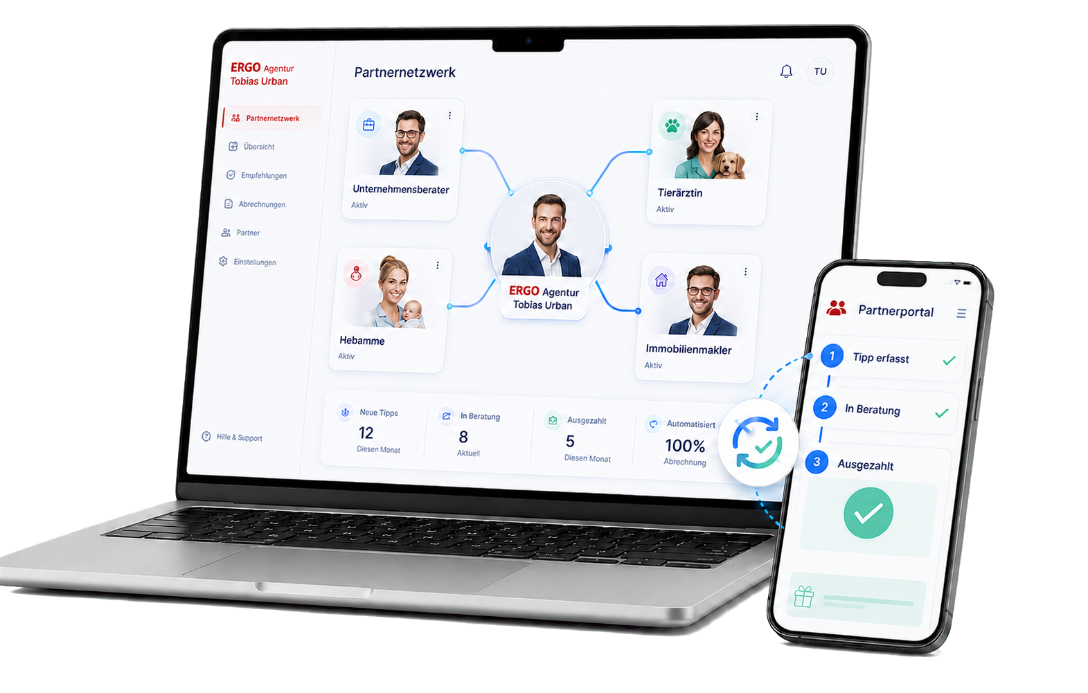 Partnernetzwerk im Tippgold Dashboard auf Laptop und Partnerportal auf dem Smartphone