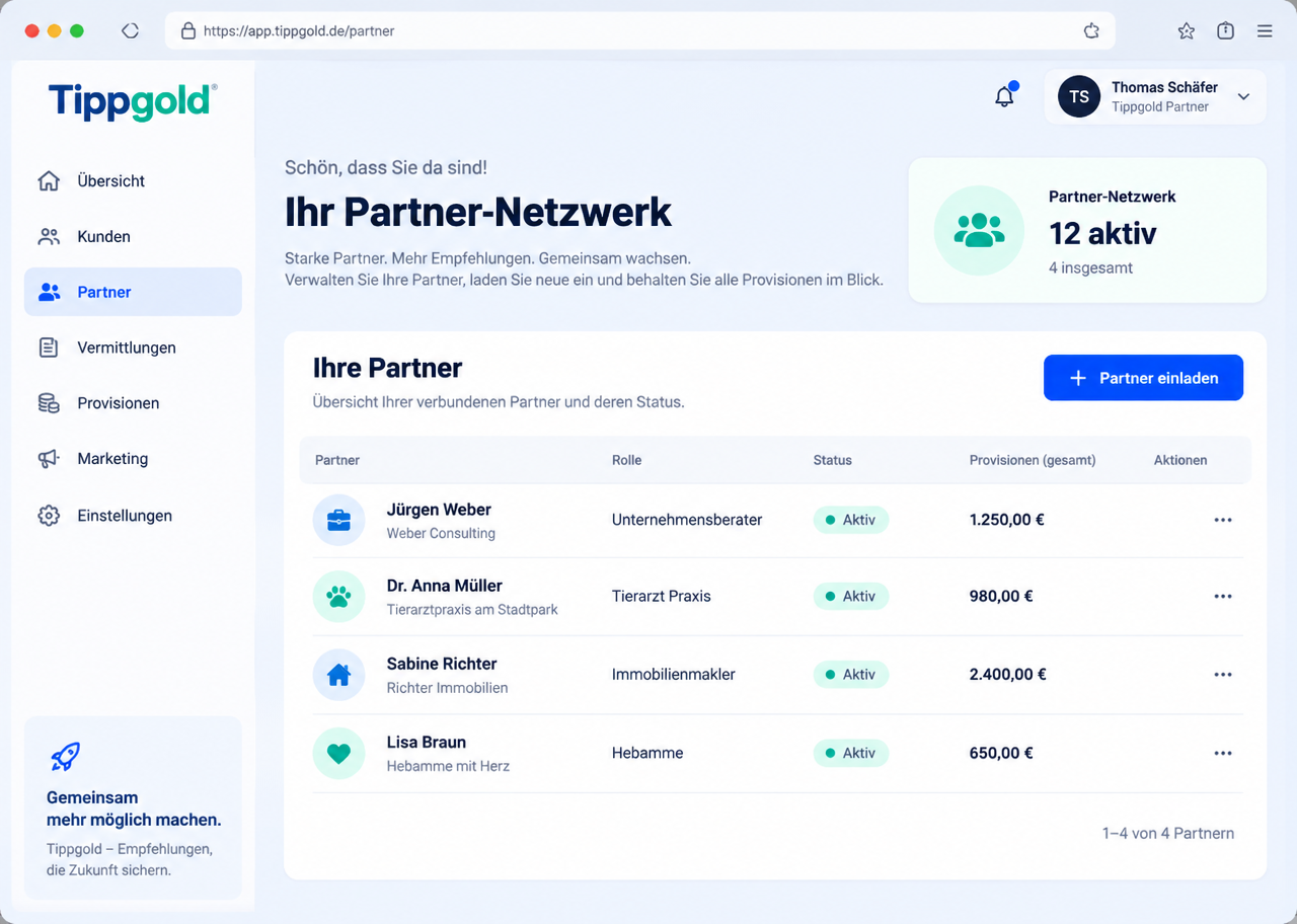 Tippgold Partner-Dashboard für Vertriebspartner
