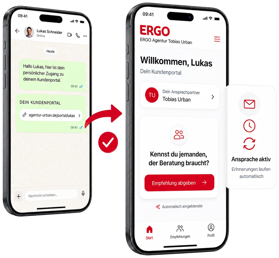 Kundenlink per WhatsApp versenden und Kundenportal öffnen