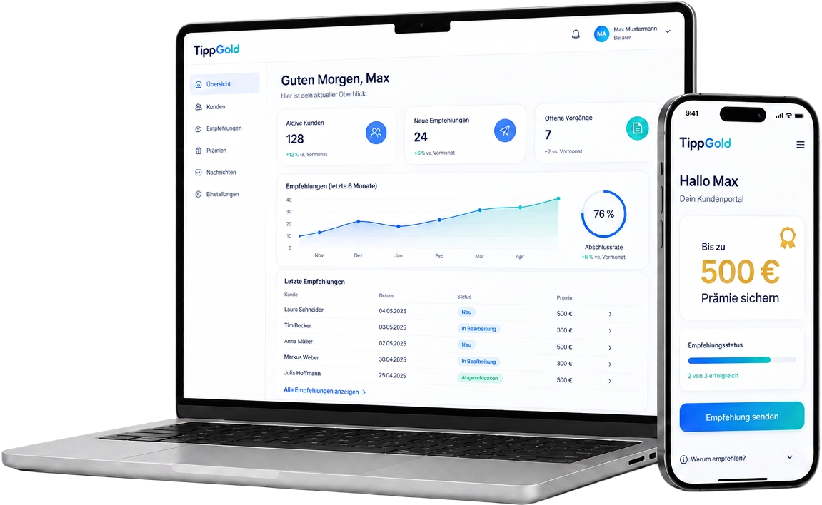 Tippgold Berater-Dashboard auf Laptop und Kundenportal auf dem Smartphone