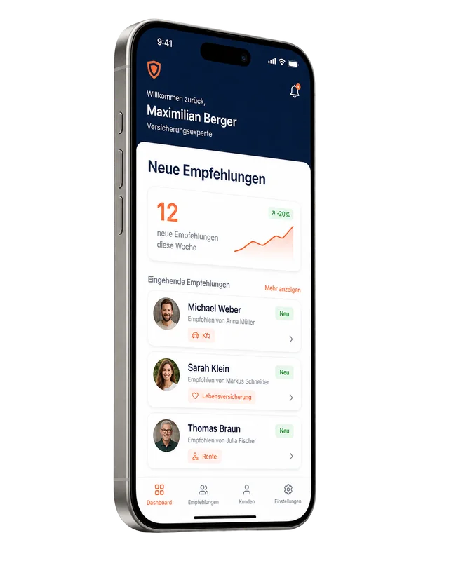 Tippgold Empfehlungs-Dashboard für Versicherungsberater auf dem iPhone
